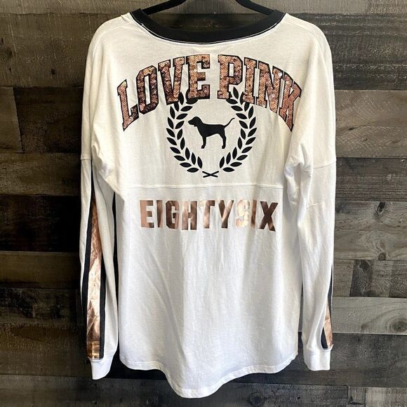 NWOT Victoria's Secret Pink White Sequin Bling Varsity Crew Pullover Tunic S - Picture 1 of 6